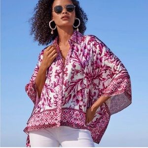 Boston Proper Bella Vita Border Print Roxy Charmeuse Poncho Blouse S/M